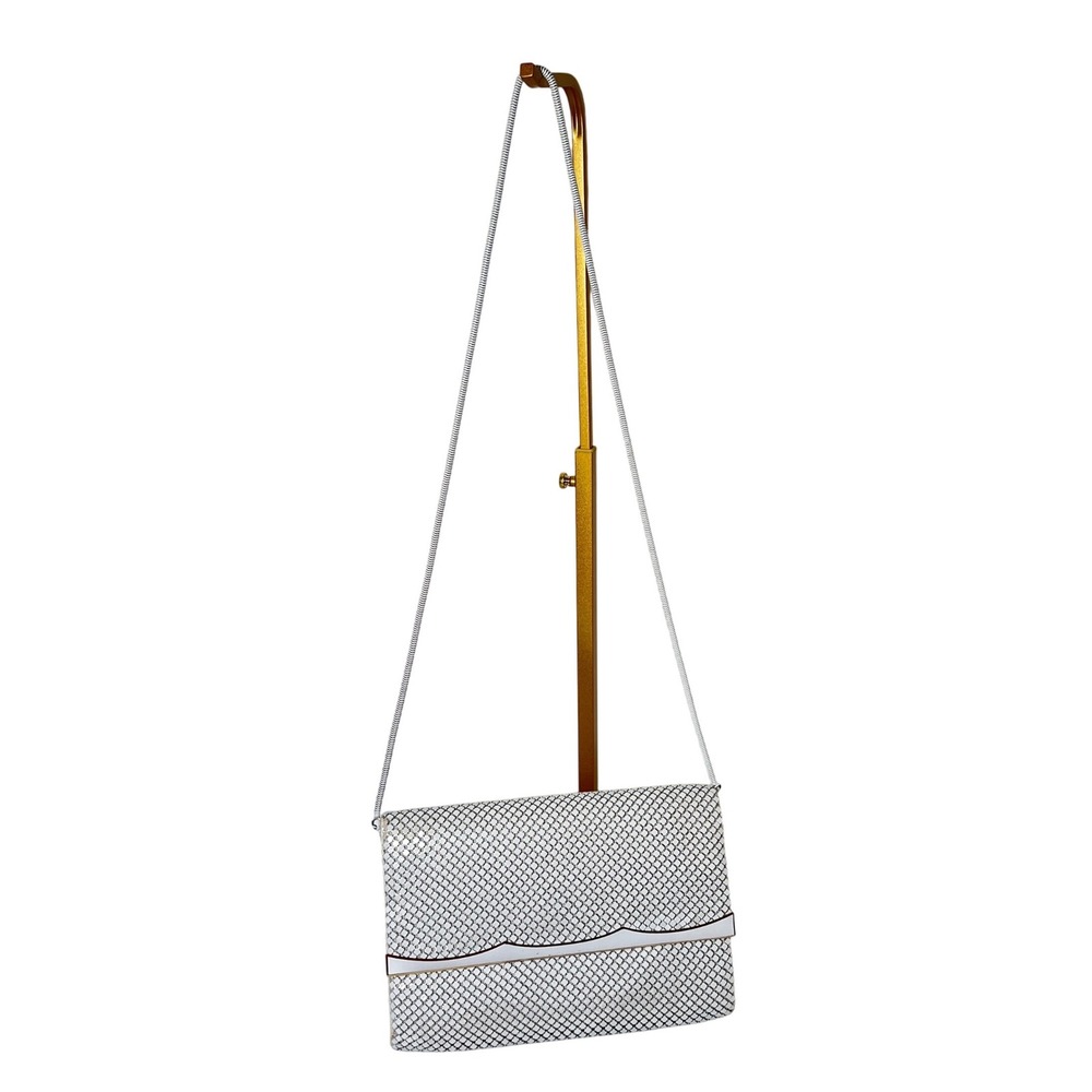 Vintage White Enamel Mesh Clutch Handbag Snake Chain Strap Magnetic Snap Closure